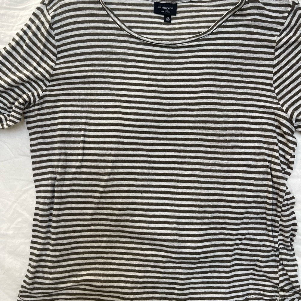 Who What Wear Olive and White Striped Linen Top